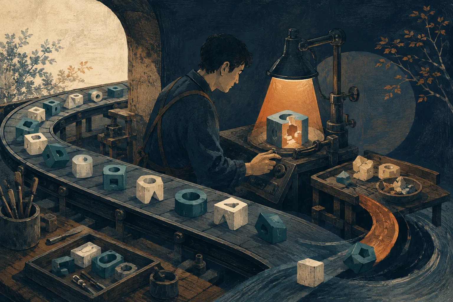 工程師在暖色檢驗燈下觀察產線零件,輸送帶旁另有待修正的零件,象徵驗證結果回饋到製作流程。